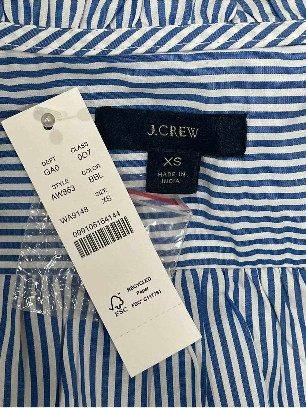 NWT J Crew Banker Blue White Stripe Short Sleeve Puff Smock Ruffle Cotton Preppy